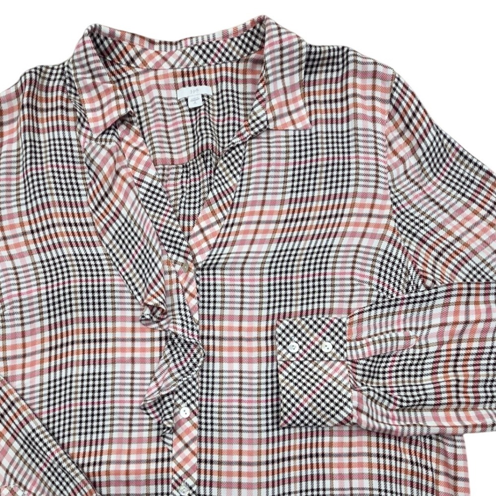 J. Jill Glen Check Plaid Ruffled Button-Front Blouse XL Tall Pink Brown 167233